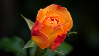 Obraz premium Close up of a bi-colored orange and red rose bud with dark background flower bloom