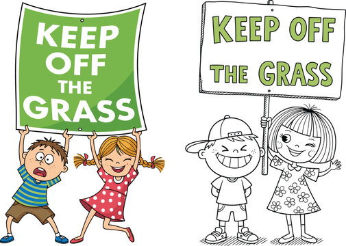 Happy cartoon children holding keep off the grass signs, environmental awareness concept, green message, outdoor safety, education, eco-friendly illustration