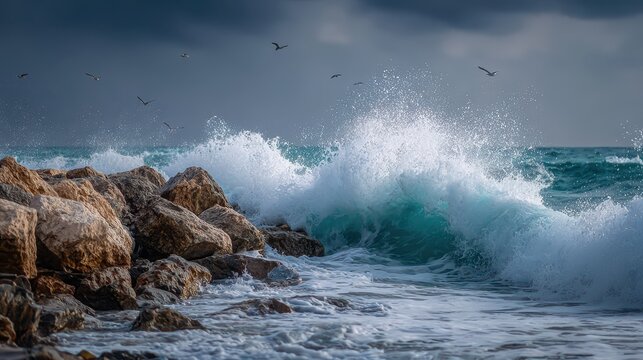Seascape of curling wave, spray, and mist on a gray-blue shoreline