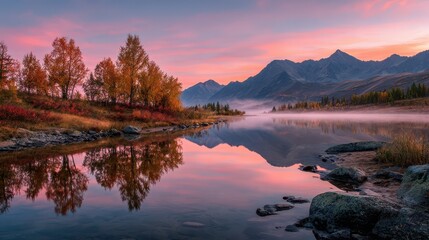Serene alpine lake at golden hour with crimson foreground leaves and rosy sunset over distant mountains