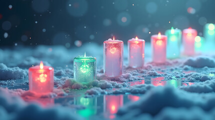 3D winter stock market chart with glowing red and green candlesticks surrounded by frost, snow, and icy reflections under cinematic cold lighting. AI Generated.
