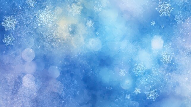Serene blue winter background with tiny snowflakes and bokeh glow