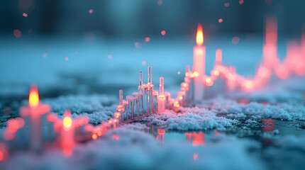 3D winter stock market chart with glowing red and green candlesticks surrounded by frost, snow, and icy reflections under cinematic cold lighting. AI Generated.