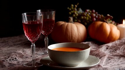 Autumnal dinner scene with pumpkin soup and red wine, cozy and intimate holiday setting with warm lighting, rustic table decor with autumn harvest theme