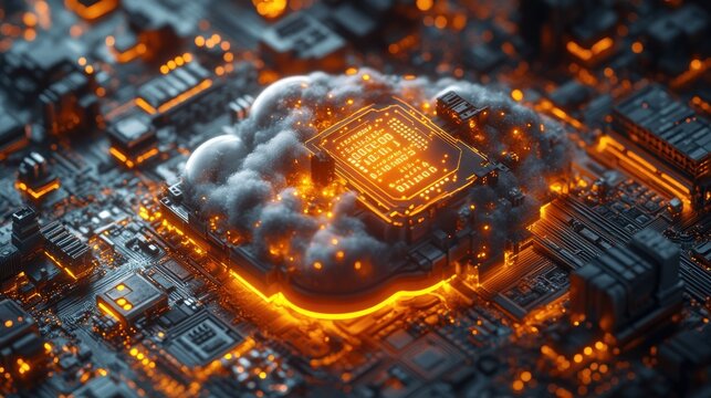 CPU overheating on circuit board, glowing hot