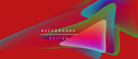 Vibrant abstract shapes overlap red background. Gradient colors blend, creating dynamic visual effect. Text reads background design.