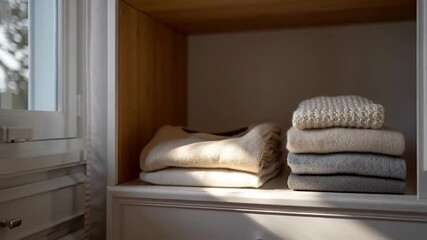 Neatly folded sweaters in a wardrobe, soft textures evoke a cozy winter vibe, minimalist storage solution for organized living spaces