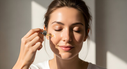 Beautiful woman applying beauty serum oil drops morning skincare routine