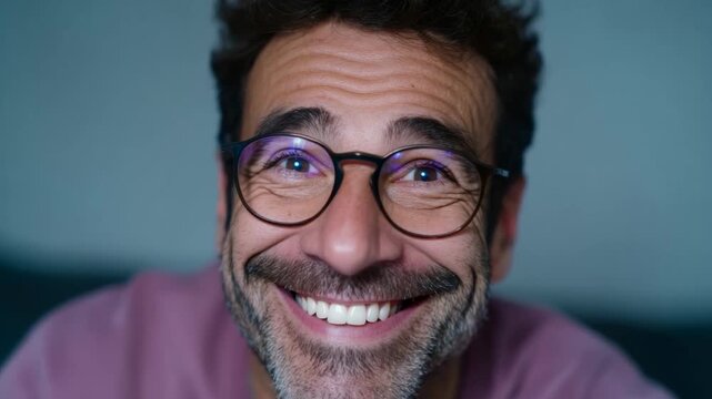 Smiling middle-aged man with glasses, joyful expression suggests happiness and warmth, casual setting with an inviting vibe