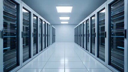 Modern data center with sleek servers, futuristic technology ambiance, essential infrastructure for cloud computing and cybersecurity - Powered by Adobe