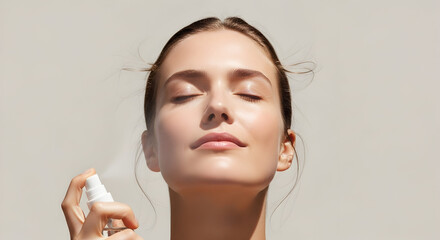 Beautiful young woman applying hydrating face mist for natural glowing skin