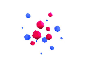 Abstract geometric 3D shapes floating on transparent background, featuring vibrant pink and blue polygonal forms, modern digital art style, creative and dynamic composition