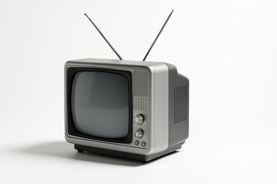 Old silver TV front three quarter hero angle with curved CRT glass and rabbit ear antenna extended on white