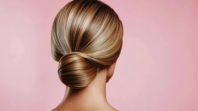 Elegant blonde hair styled in a low bun against a soft pink background.
