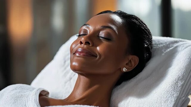 Serene woman relaxing on a spa bed with eyes closed, enjoying peaceful moment. - Powered by Adobe