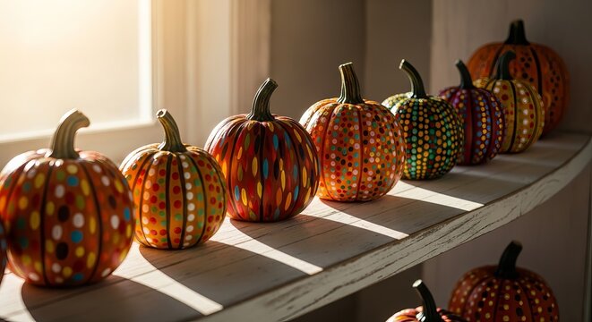 Autumn pumpkins decoration colorful painted gourds fall harvest thanksgiving season holiday still life arrangement - Powered by Adobe