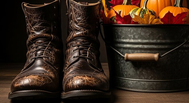 Autumn boots pumpkins leaves bucket fall seasonal footwear rustic style fashion leather apparel vintage worn - Powered by Adobe