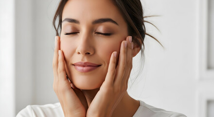 Serene Beautiful Woman Touching Her Face Skincare Portrait