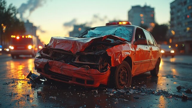 Damaged red car in city street accident at dawn - Powered by Adobe