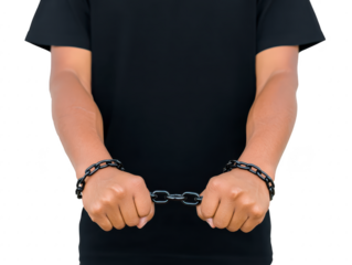 Hands in black metal chain, person wearing black shirt, concept of restriction, oppression, and captivity, isolated on transparency background, emotional tension