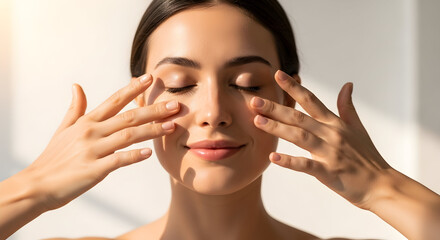 Beautiful Woman Gently Massaging Face Eyes Closed Skincare Beauty Routine