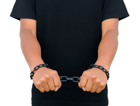 Hands in black metal chain, person wearing black shirt, concept of restriction, oppression, and captivity, isolated on transparency background, emotional tension