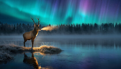 A majestic stag with visible breath stands on the shore of a misty lake, reflecting the vibrant aurora borealis in the night sky