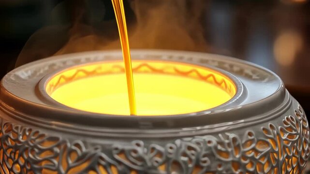 Fragrant oil being poured into a decorative aroma diffuser, creating a relaxing ambiance.