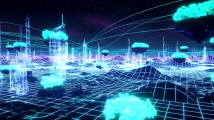 Futuristic Neon Cityscape with Digital Grid and Floating Islands. - Powered by Adobe