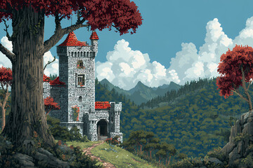 Game background castle 8-bit pixel art AI generated 