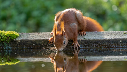 A cute red squirrel leans over a stone ledge to drink, casting a perfect mirror reflection in the still water