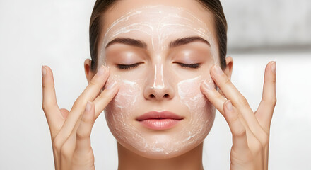 Young woman applying moisturizing facial cream mask during morning skincare routine