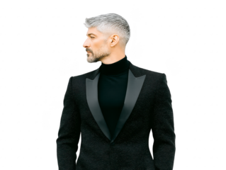 Elegant mature man with gray hair and beard wearing black tuxedo and turtleneck, looking to side, isolated on transparent background, confident and stylish expression