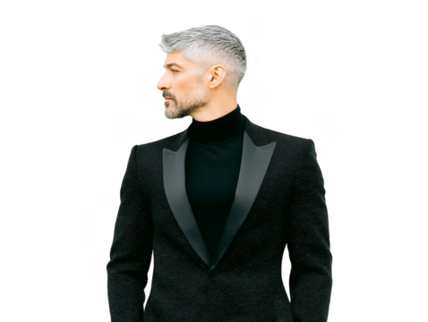 Elegant mature man with gray hair and beard wearing black tuxedo and turtleneck, looking to side, isolated on transparent background, confident and stylish expression