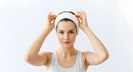 Beautiful young woman adjusts spa headband for morning beauty skincare routine