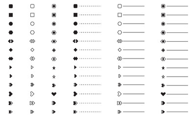 bullet points list of shapes, like arrows, heart, circle, square for power point presentation, infographics, web and app design development elements