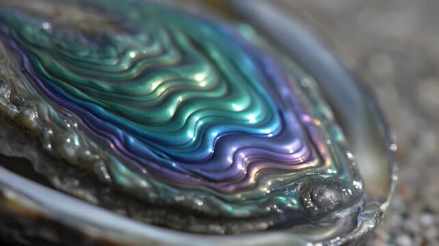 Macro Shot of a Polished Abalone Shell Displaying Iridescent Texture