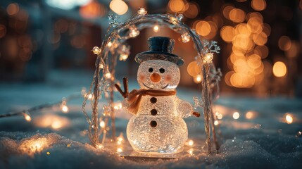 Charming illuminated snowman decoration surrounded by warm glowing fairy lights in a snowy winter setting