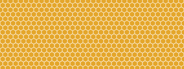 Honeycomb pattern on yellow background. Repeating cells in grid formation. Vector design with regular structure and mesh effect. Template for textile, farm product packaging, or food graphics.