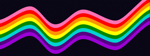 Obraz premium Pride flag rainbow LGBT vector banner with flowing wave ribbons on dark background. Diversity day vector wallpaper.