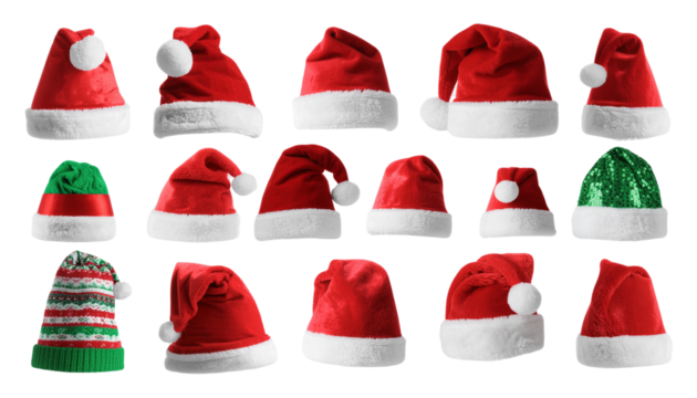 Collage with Santa Claus hats set, closeup objects. Isolated on transparent background. Christmas and New Year celebration