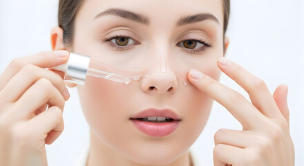 Beautiful Young Woman Applying Hyaluronic Acid Serum Dropper to Clean Face
