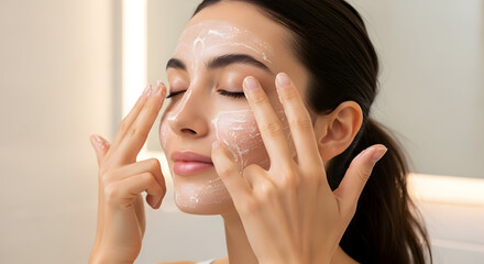 Beautiful Woman Massaging Moisturizing Face Cream Skincare Treatment