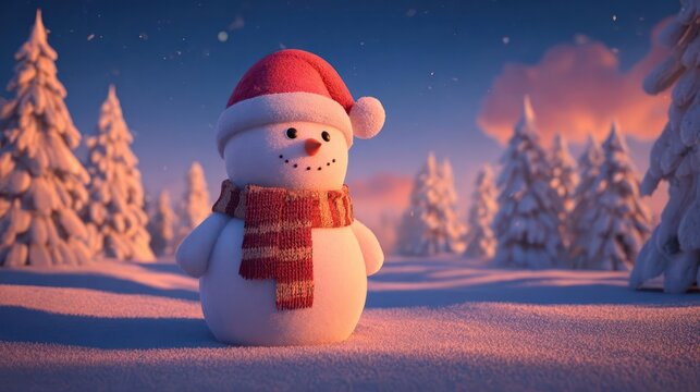 Charming snowman wearing a red santa hat and scarf standing in a snowy forest at dusk