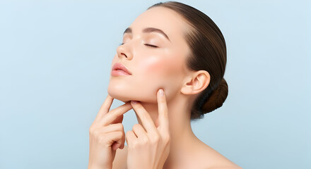 Beautiful Woman Touching Face Showing Perfect Smooth Skin Skincare Routine