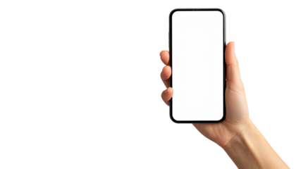 Hand holding smartphone with blank screen in mockup set. Black skin male using digital device for
