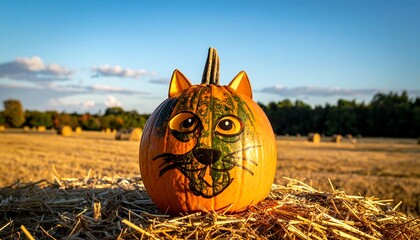 Cat-themed pumpkin on hay bale in autumn field.