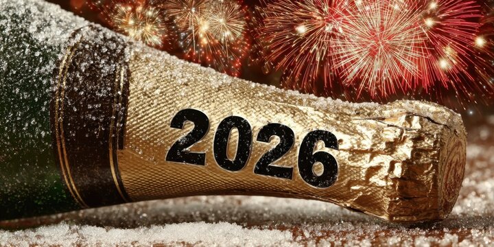 Champagne bottle with 2026 number in the snow and fireworks display