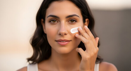 Skincare beauty portrait woman applying sunscreen moisturizer white lotion to cheek