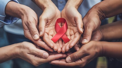 Diverse hands holding red ribbon together promoting awareness for a cure and support